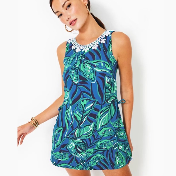 Lilly Pulitzer Dresses & Skirts - NWOT LILLY PULITZER WOMENS DONNA ROMPER SLEEVELESS BEADED NECKLINE SIZE 8 BLUE